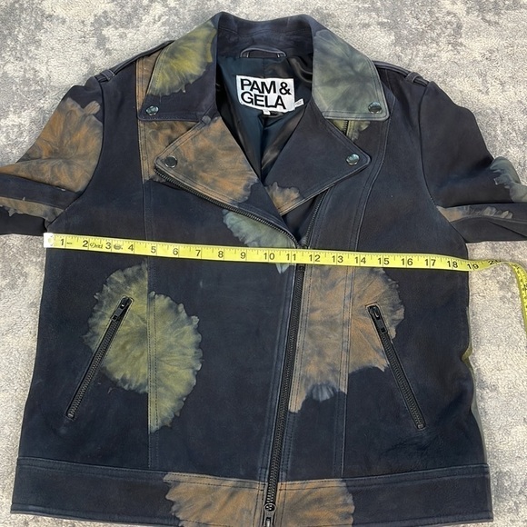 Pam & Gela Tie Dyed Leather Painted Floral Moto Biker Jacket Black Sz M - Picture 10 of 14